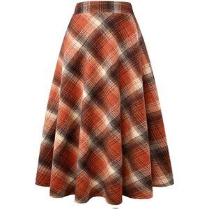 Women's High Elastic Waist Maxi Skirt A-line Plaid Winter Warm Flare Long Skirt